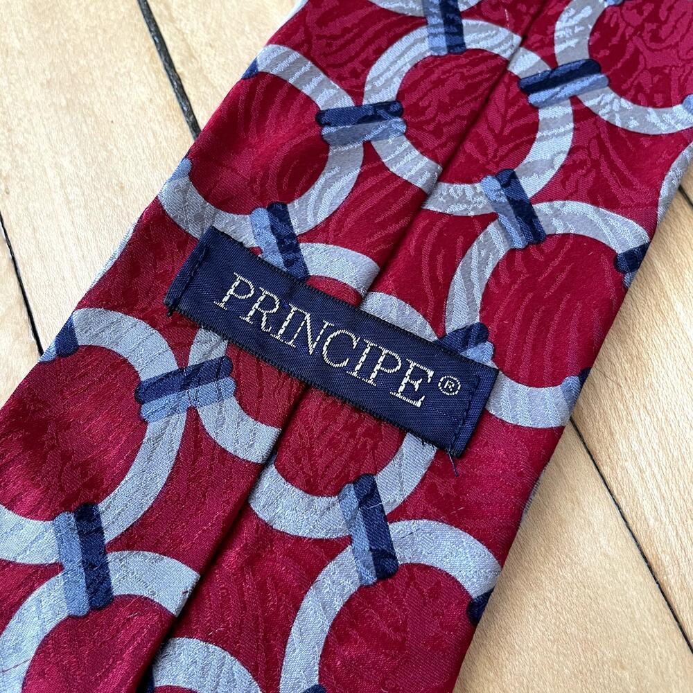 Principe red gray circles men's tie 100% silk fabric from italy 3.5 inch width - Picture 4 of 6